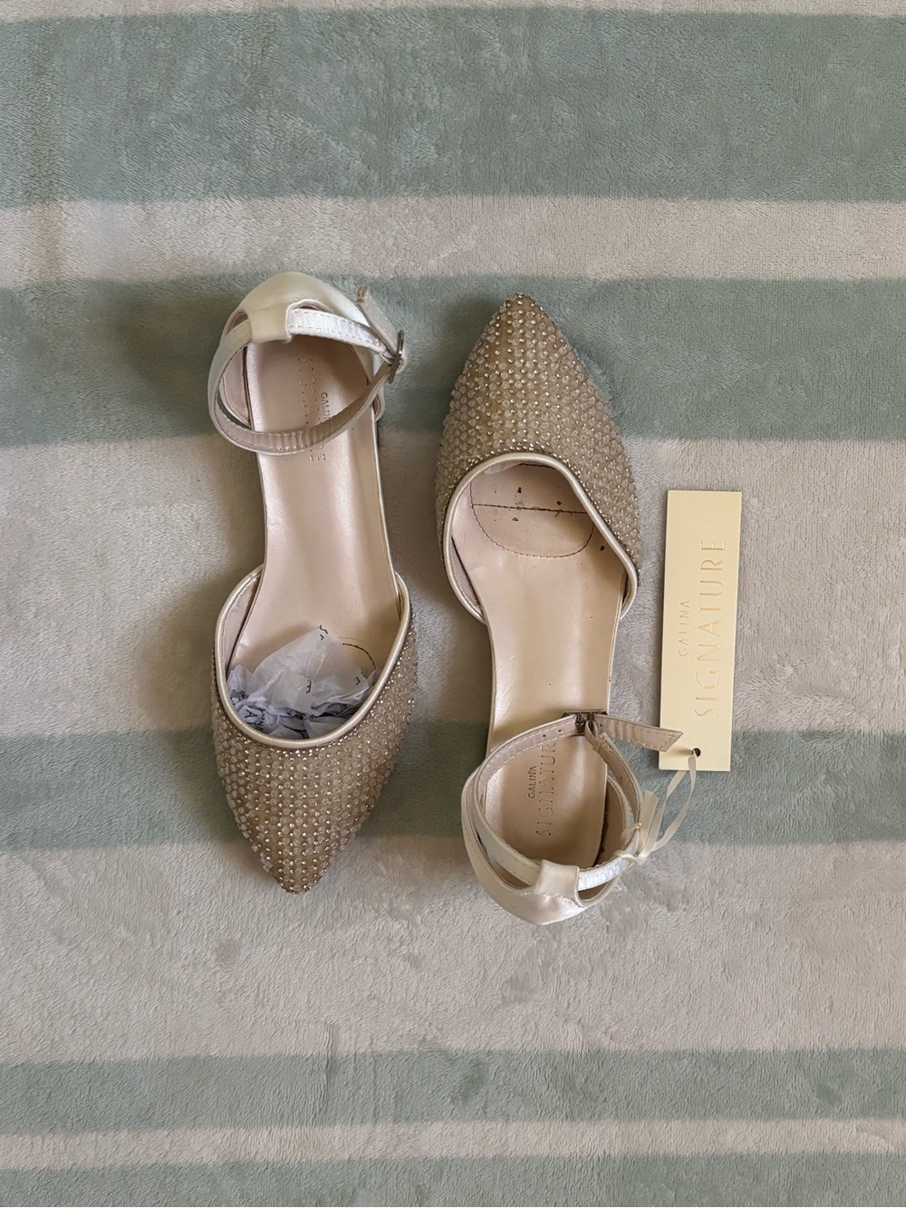 Crystal-Studded Pointed Ankle-Strap Heels in Champagne